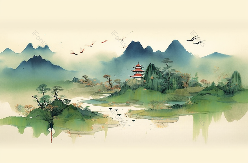 中国风青绿山水淡彩画,插画/手绘图,插画/手绘图库,插画/手绘图下载,插画/手绘